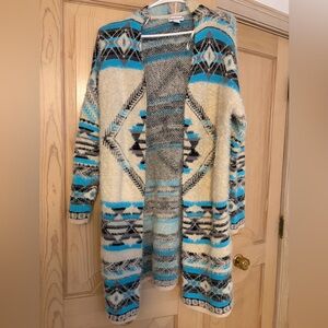 Cozy southwest aztec Geometric Patterned long cardigan - Blue and ivory M